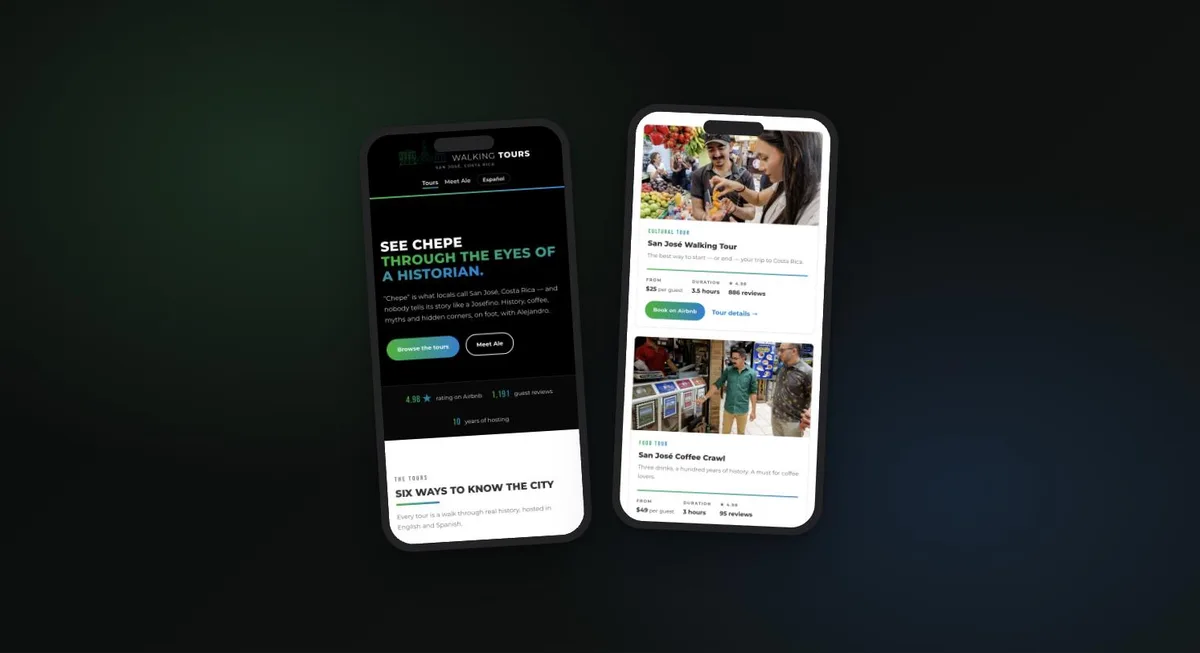 La Compañía walking tours mobile screens — hero and tour cards on two phones