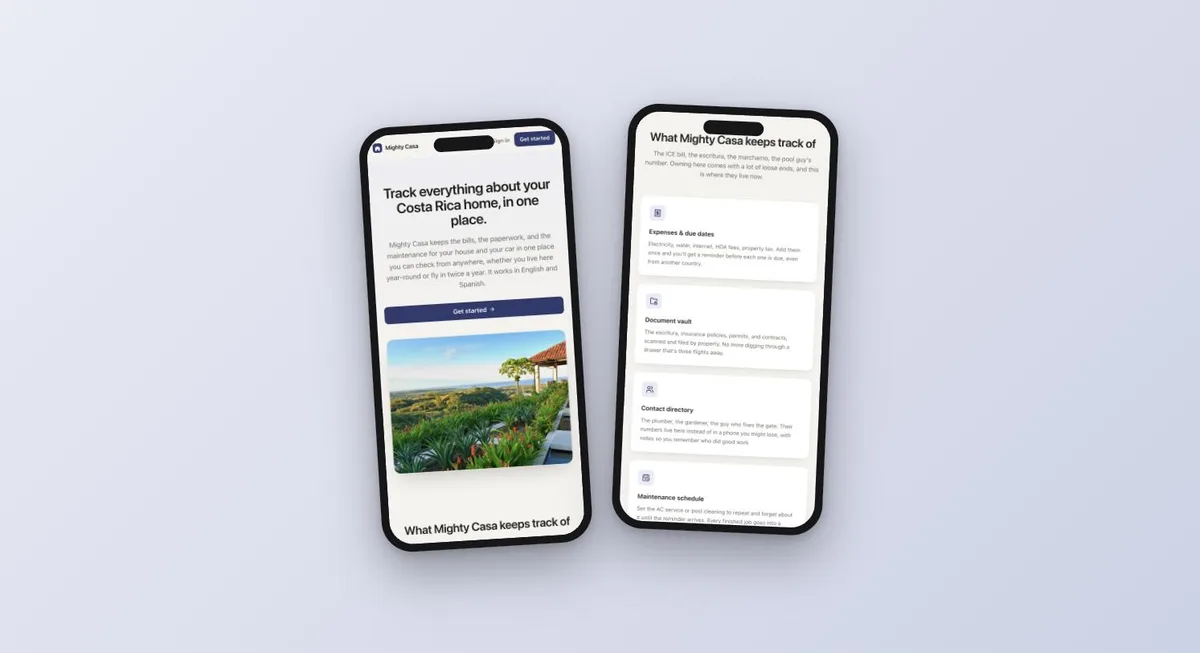Mighty Casa mobile app screens — hero and feature list on two phones