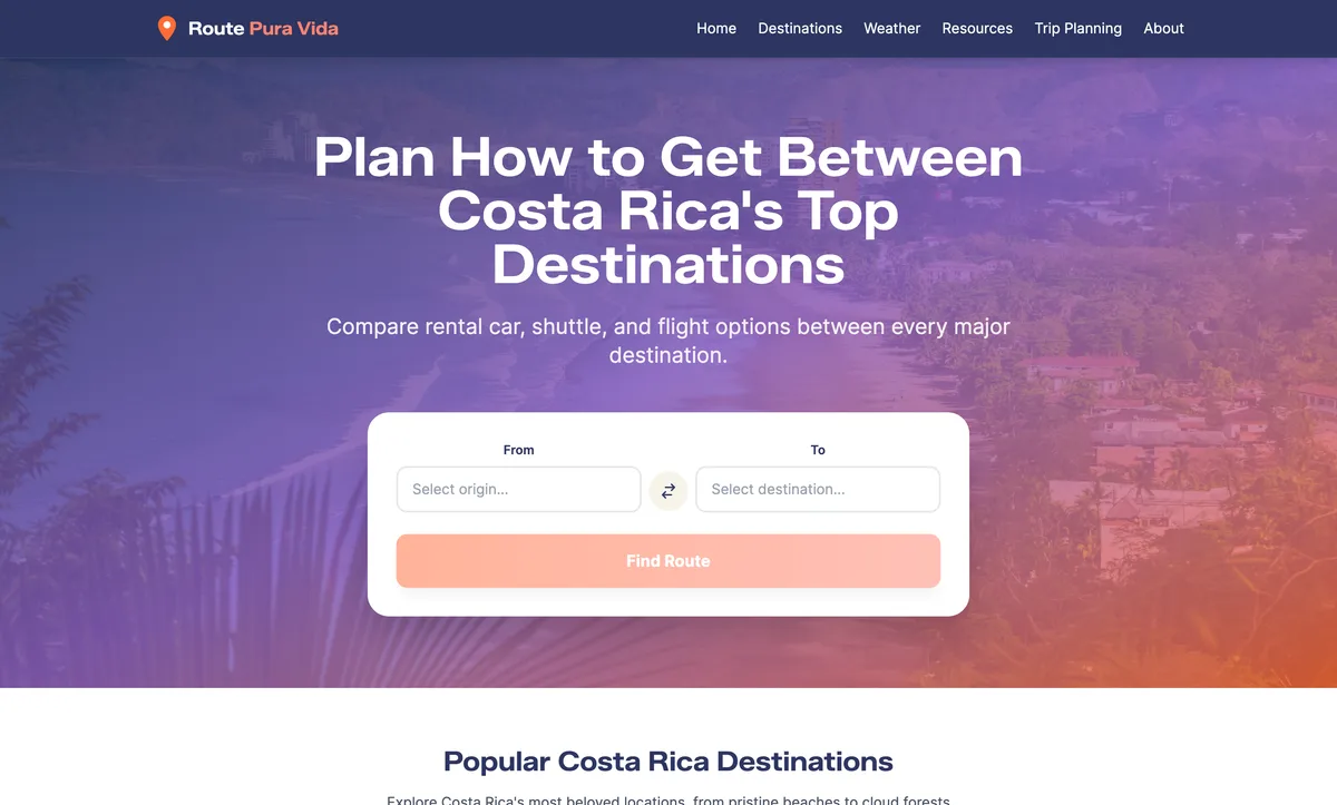 Route Pura Vida homepage — plan how to get between Costa Rica’s top destinations