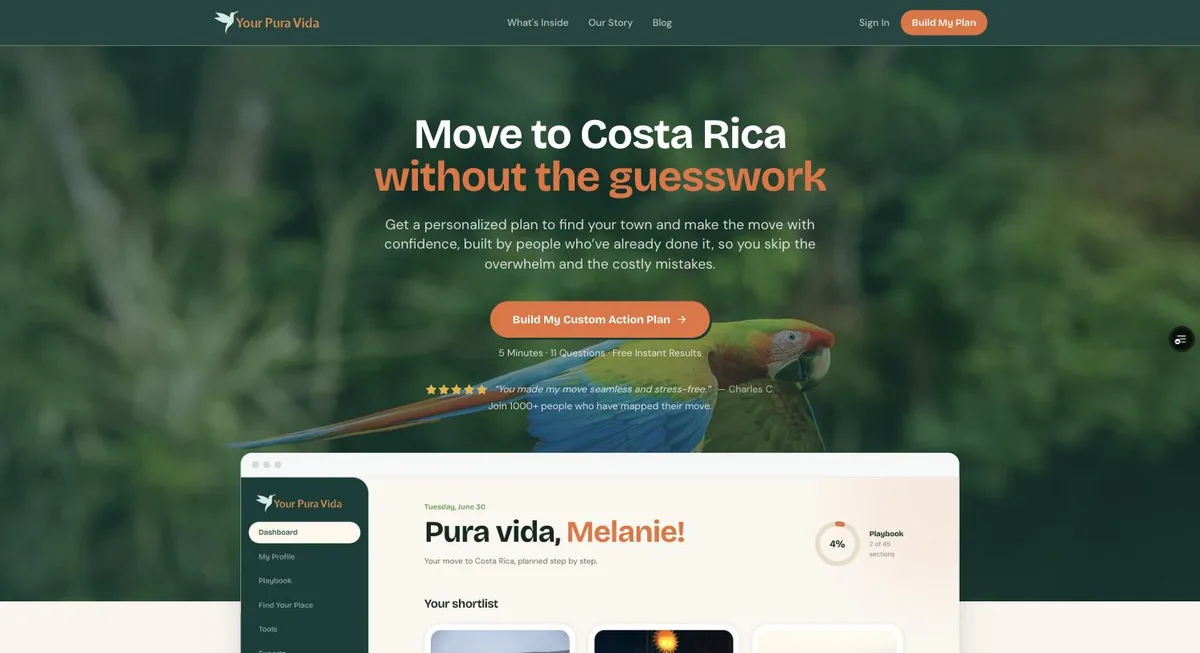 Your Pura Vida homepage — "Move to Costa Rica without the guesswork"